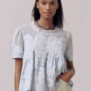 🌟NWT En Elly Iris Short-Sleeve Lace Poplin Blouse